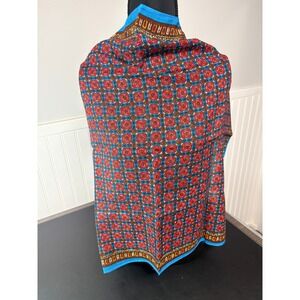 English Village Vintage 100% Virgin Wool Square Scarf Blue Red Geometric 25x25